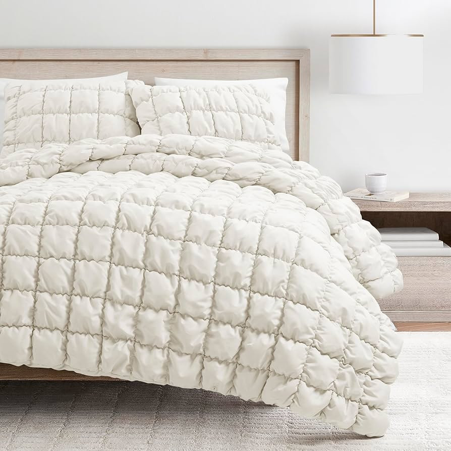 Lush Decor Puff Quilted Comforter Set, 3 Piece Set, Full/Queen, Pearl White - Teen Bedding Set - ... | Amazon (US)