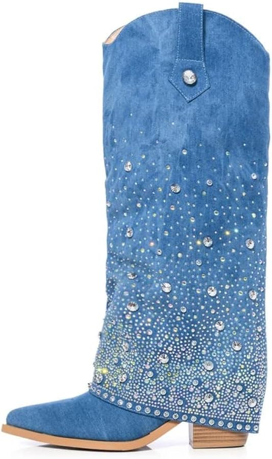 sexytag Women's Sparkly Rhinestone Cowboy Western Denim Boots Knee High Pointed Toe Pull-On Jean ... | Amazon (US)
