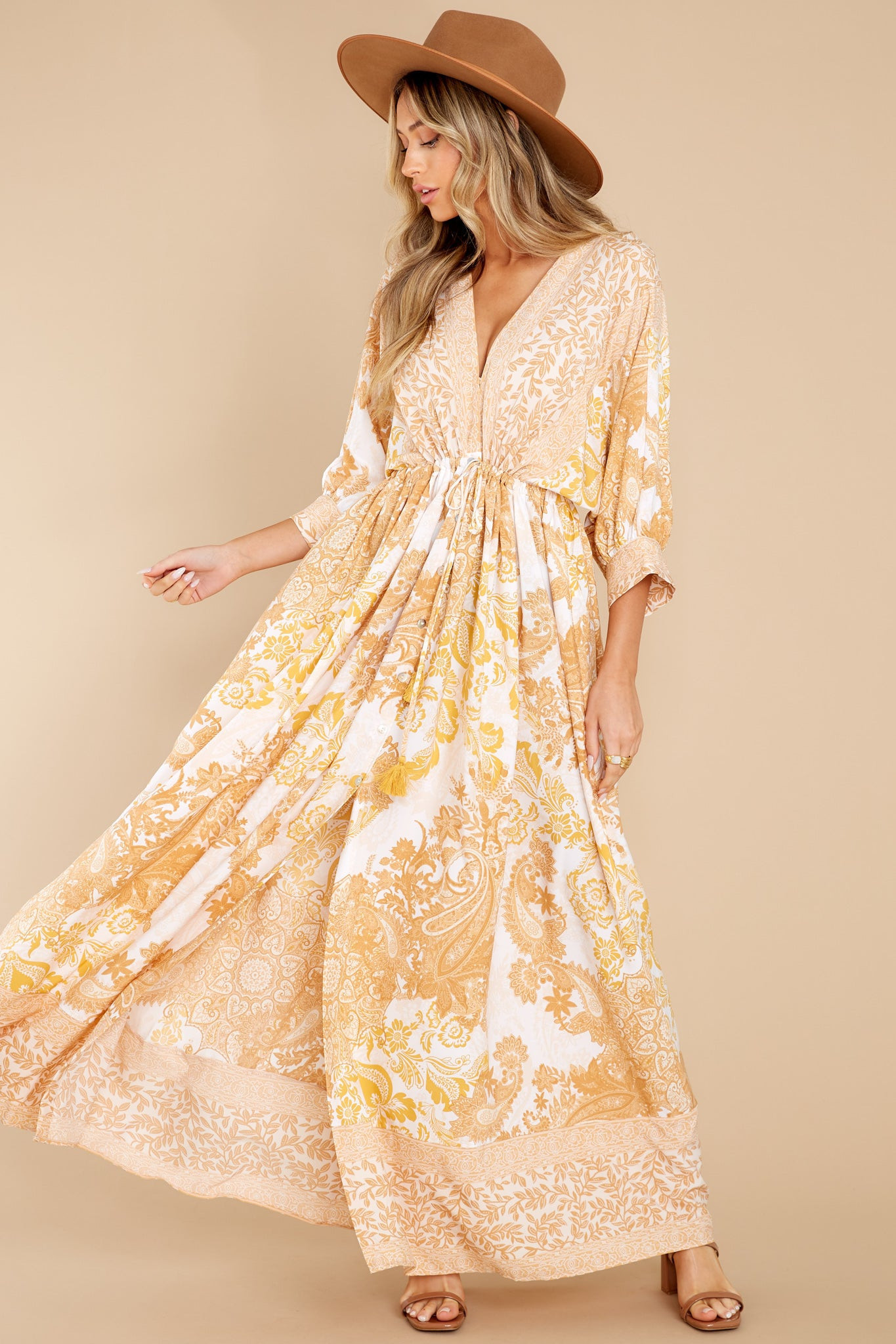 Hold That Thought Gold Print Maxi Dress | Red Dress 