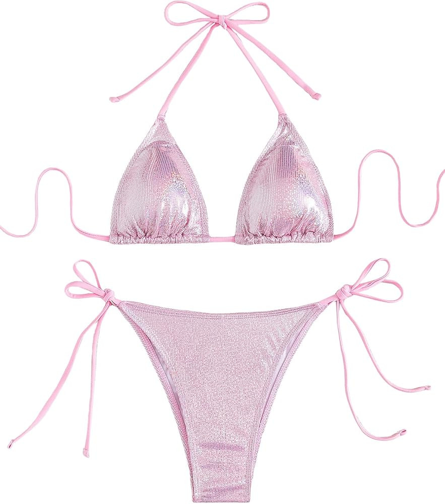 Verdusa Women's 2 Piece Bathing Suit Glitter Triangle Top Tie Side Thong Bikini Swimsuits | Amazon (US)