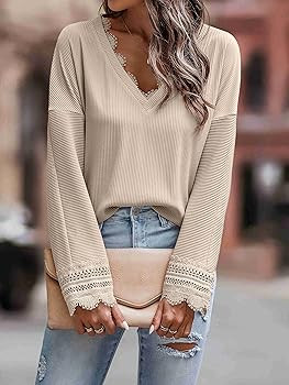 Trendy Queen Womens V Neck Lace Crochet 2023 Fall Long Sleeve Shirts Sexy Casual Fashion Clothes ... | Amazon (US)