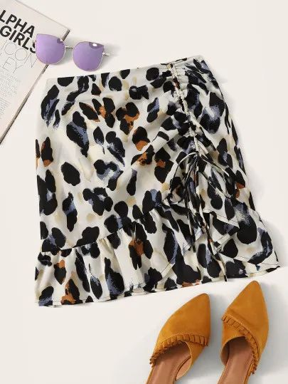 Leopard Print Drawstring Asymmetrical Hem Skirt | SHEIN