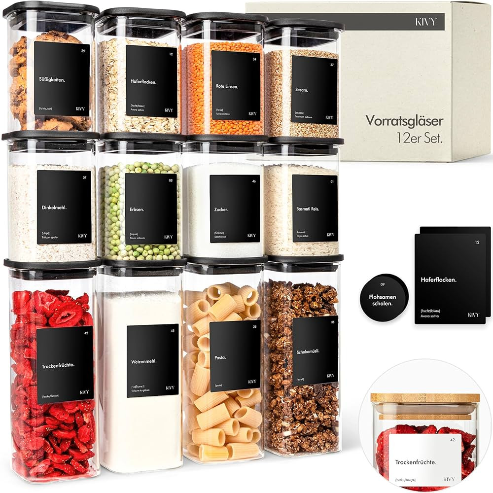 KIVY Vorratsgläser eckig [12er Set] + Etiketten - Stapelbare & Luftdichte Aufbewahrungsgläser m... | Amazon (DE)