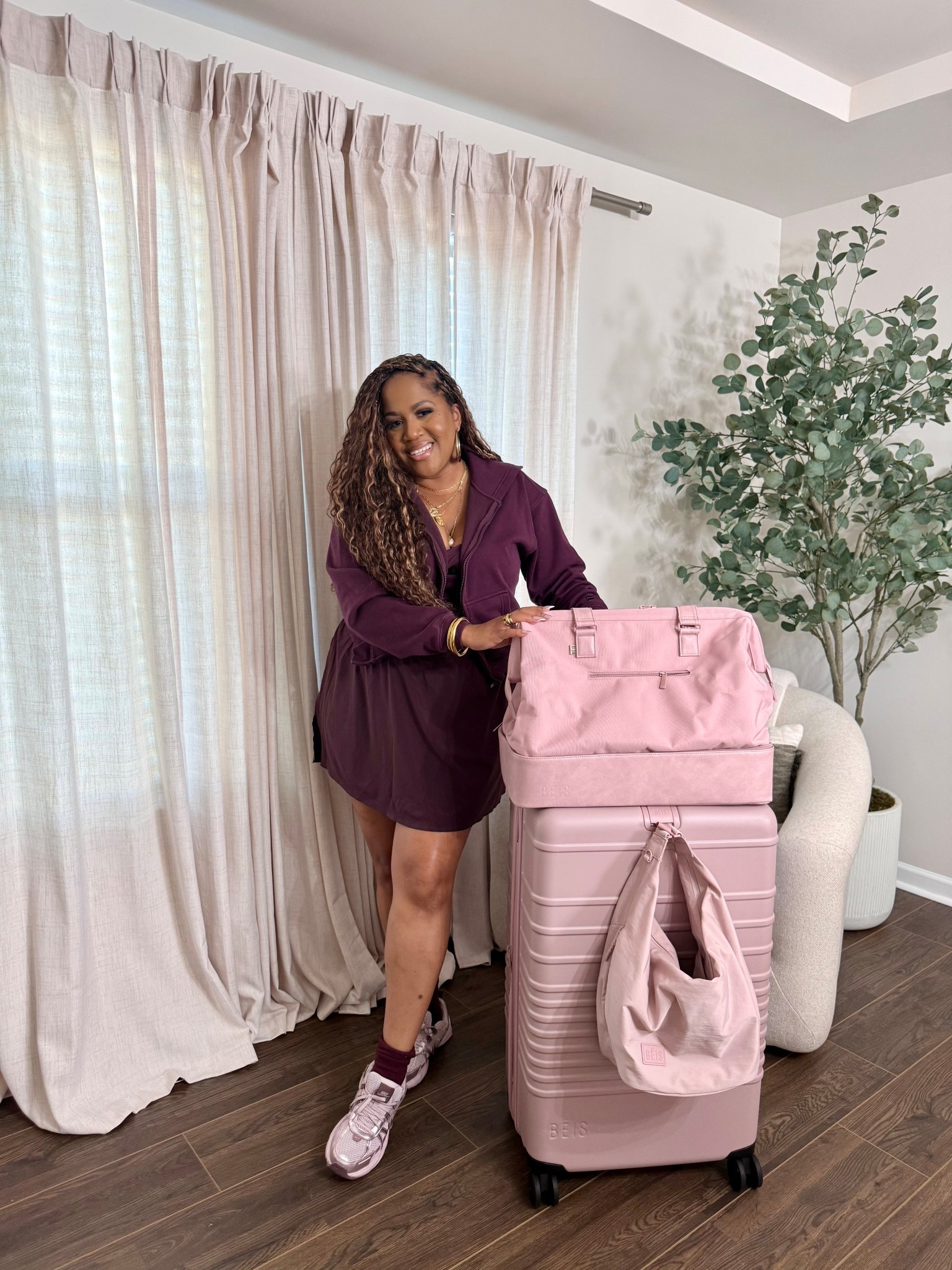 Travel outfit & Mothers Day Luggage Idea 
Wearing an XL in dress and sweatshirt.
Sneakers run half size small. 

#LTKMothersDay #LTKdayinmylife #LTKootd