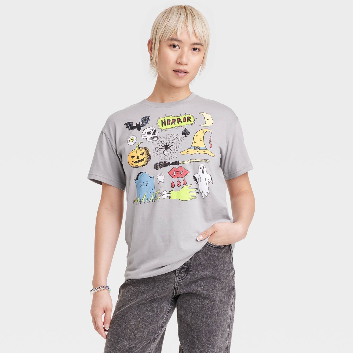 Women's Halloween Pop Art Short Sleeve Graphic T-Shirt - Gray | Target