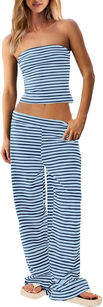 UNIANKIYA Womens Striped 2 Piece Lounge Set Strapless Tube Top and Wide Leg Pants Summer Beach Va... | Amazon (US)