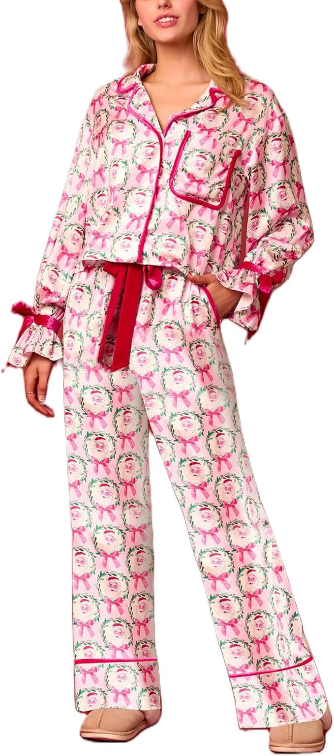 Y2k Women Silk Christmas Pajamas Stain Long Sleeve Button Down Shirt Pants 2 Piece Lounge Set Sle... | Amazon (US)