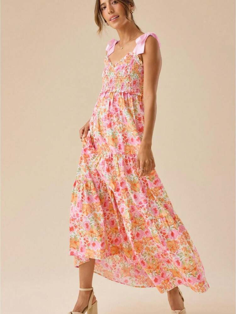 Women's Floral Sleeveless Maxi Dress, Pink V-Neck Smocked Waist Tiered Ruffle Swing Dress, Sweet Boho Vacation Dress | SHEIN