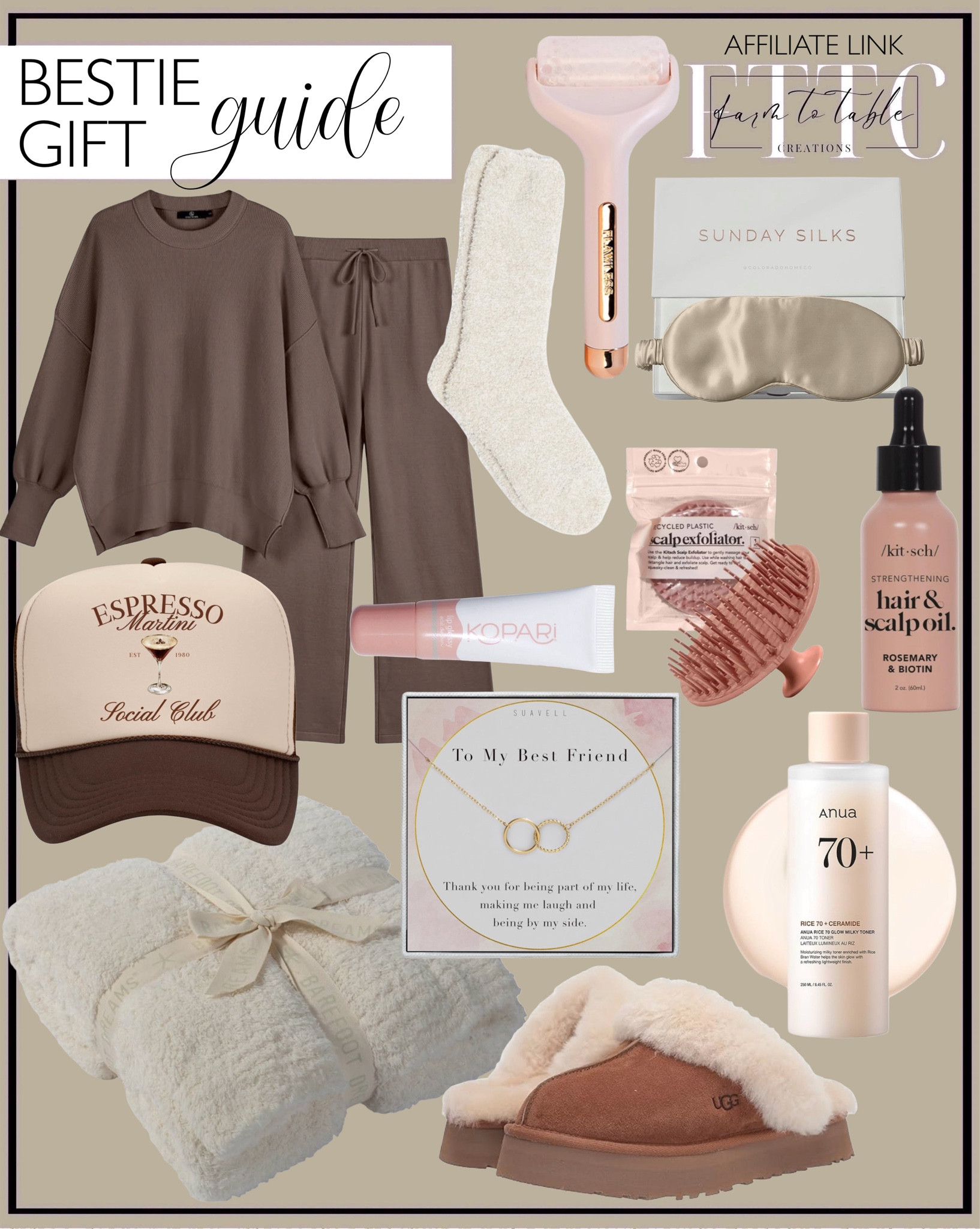 Bestie Gift Guide. Follow @farmtotablecreations on Instagram for more inspiration.

Barefoot Dreams CozyChic Women's Heathered Socks. Barefoot Dreams CozyChic Throw - Cream. Women 2 Piece Outfits Sweatsuit Sweater Sets Oversized Knit Pullover Tops Wide Leg Pants Lounge Set.  SUNDAY SILKS Exclusive Mulberry Silk Sleep Mask. Kitsch Hair Scalp Massager Shampoo Brush & Rosemary Oil. Finishing touch facial massage ice roller. Best Friend Necklaces. Interlocking Circles. Lip Gloss. Ugg Slippers. Fuzzy Slippers. 
Espresso Martini Social Club Trucker Hat. ANUA Rice 70 Glow Milky Toner, for Glass Skin and Brightening, Rice Water. 

Amazon Finds. Amazon Gifts. Gifts for Best Friend. Christmas gifts for co-worker. Holiday gifts. Stocking Stuffers. Gift Guide for friend. Women Christmas gifts. Gifts for women. Gifts for friends.

#LTKHoliday #LTKSaleAlert #LTKGiftGuide