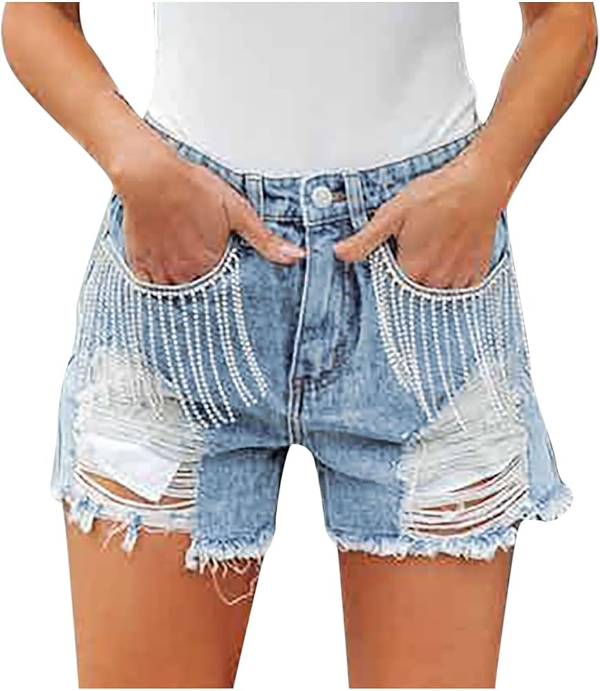 Jean Shorts Womens Rhinestone Fringe Trim Denim Shorts Cowgirl High Waisted Stretchy Skinny Tasse... | Amazon (CA)