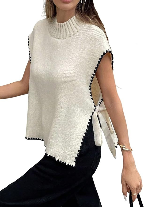 Verdusa Women's Old Money Sweater Tie Knot Slit Sweater Vest Mock Neck Cap Sleeve Lightweight Kni... | Amazon (US)