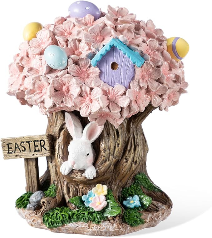 Glitzhome Easter Decorations Bunny Figurine, Resin Rabbit & Pink Blossoms Tabletop Centerpiece fo... | Amazon (US)
