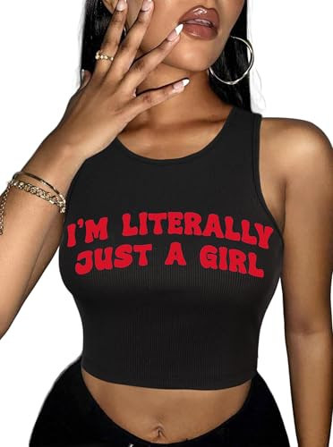 Hilinker Womens Graphic Tank Tops Ribbed Sleeveless Funny Crop Top Cute Summer Shirt Black Red Letter Girl X-Large | Amazon (US)