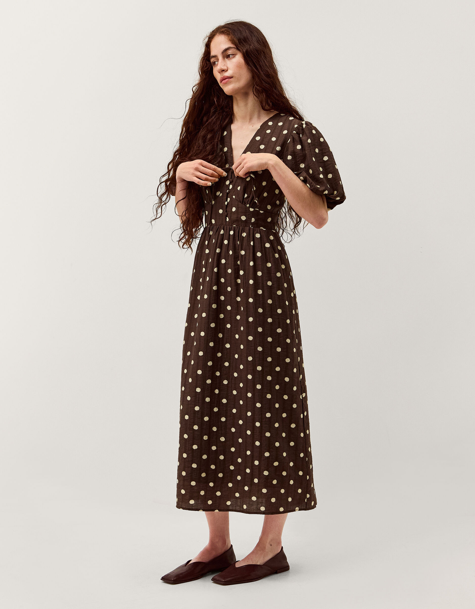 Paris Puff Sleeve Polka Dot Midi Dress Brown | Monsoon (UK)