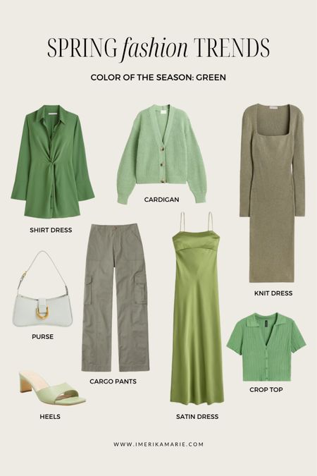 spring outfit. spring fashion trends. green dress. green cargo pants. green purse. green cardigan. green heels. green crop top.

#LTKunder100 #LTKunder50 #LTKstyletip