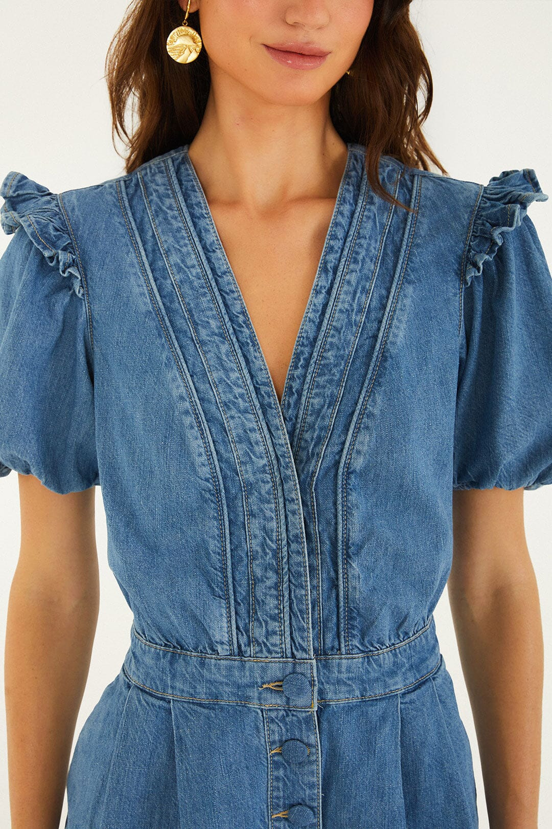 Denim Ruffled Puff Sleeve Romper | FARM Rio | FarmRio (US)