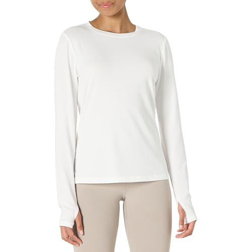 Amazon Essentials Women's Active Soft Cotton Regular Fit Crewneck Long Sleeve Lightweight Yoga Workout T-Shirt, White, Large | Amazon (US)
