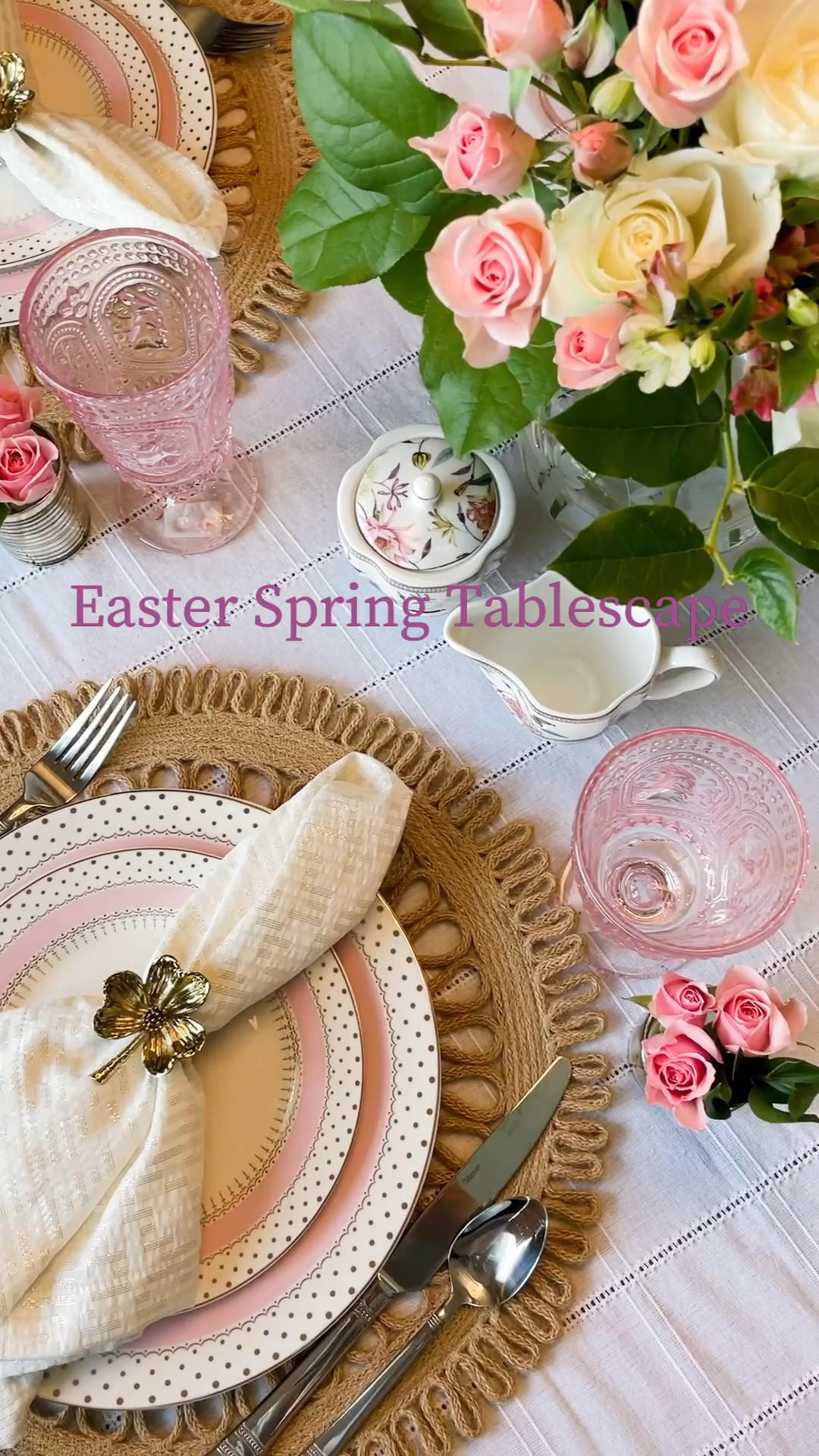 Easter table. Spring table.

Pink and gold dotted plates, flower napkins rings, pink glasses. 

#LTKhome #LTKSeasonal #LTKVideo