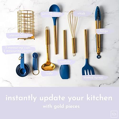 Amazon.com: Gold and Navy Blue Kitchen Utensils Set -17PC Set Includes Gold Utensil Holder, Blue ... | Amazon (US)