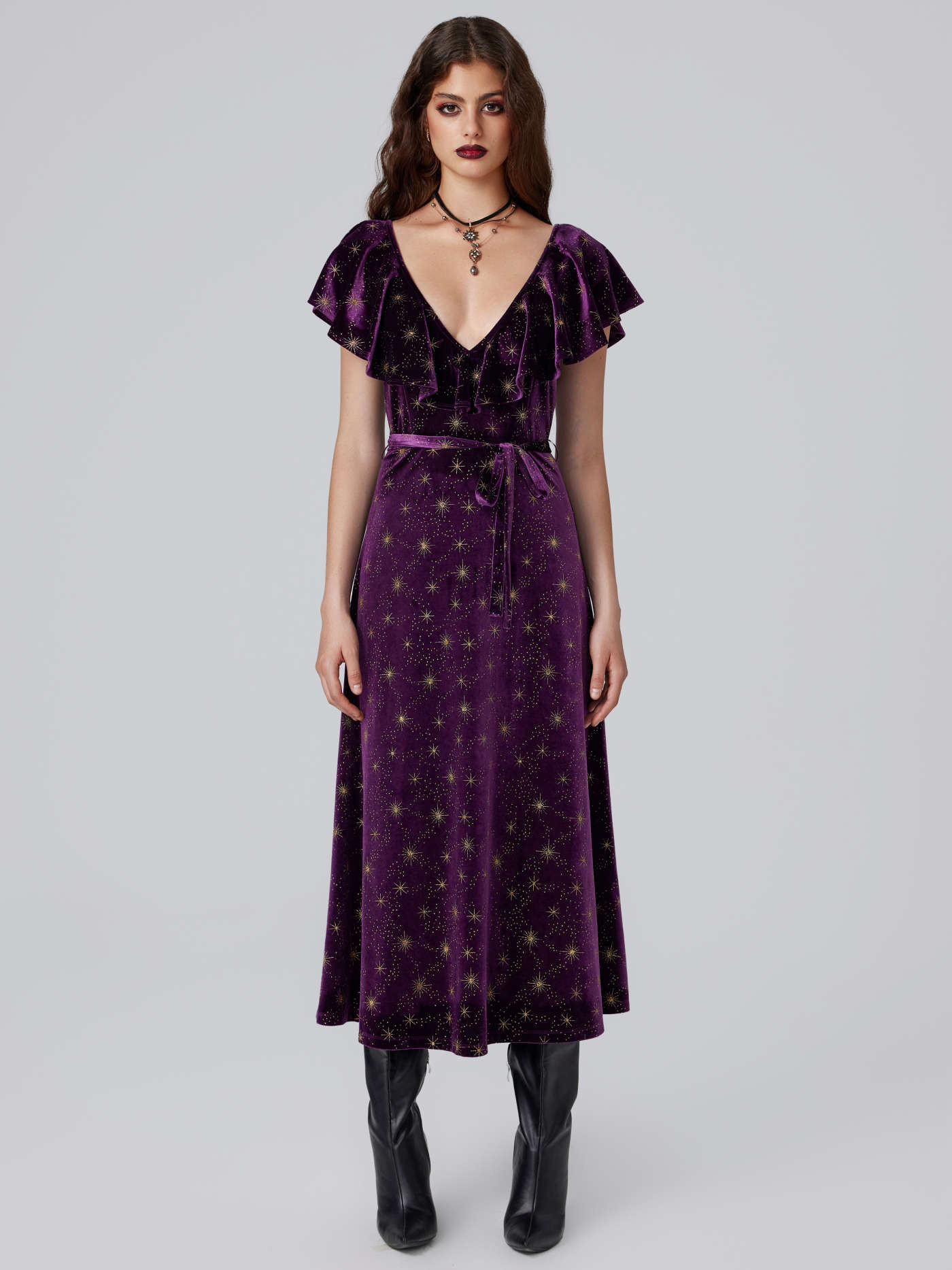 Velvet V-neck Star Ruffle Tie Back Midi Dress | Cider