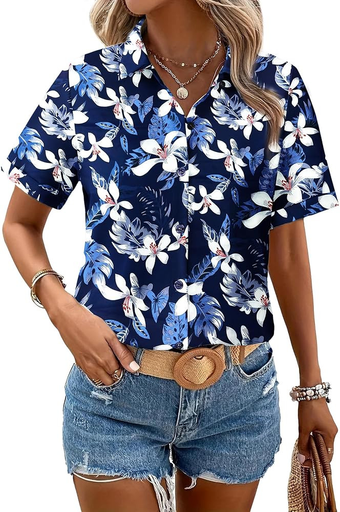 Zeagoo Womens Button Down Blouse Rolled Cuffed Short Sleeve Shirts Casual Work Blouse Summer Hawa... | Amazon (US)