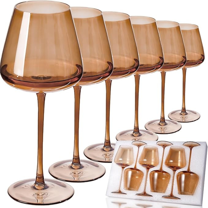 Amber Wine Glasses Set of 6, Hand Blown Large Colored Wine Glass 18Oz, Lead-Free Premium Crystal ... | Amazon (US)