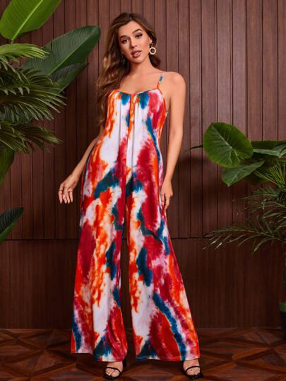SHEIN Tie Dye Low Back Wide Leg Slip Jumpsuit | SHEIN