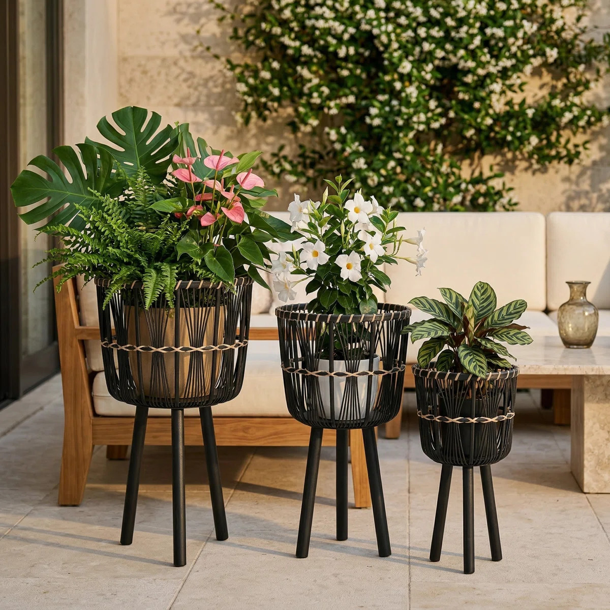 Neutral Boho Wicker Planter Stand Set, Versatile Indoor Garden Decor | Wayfair North America