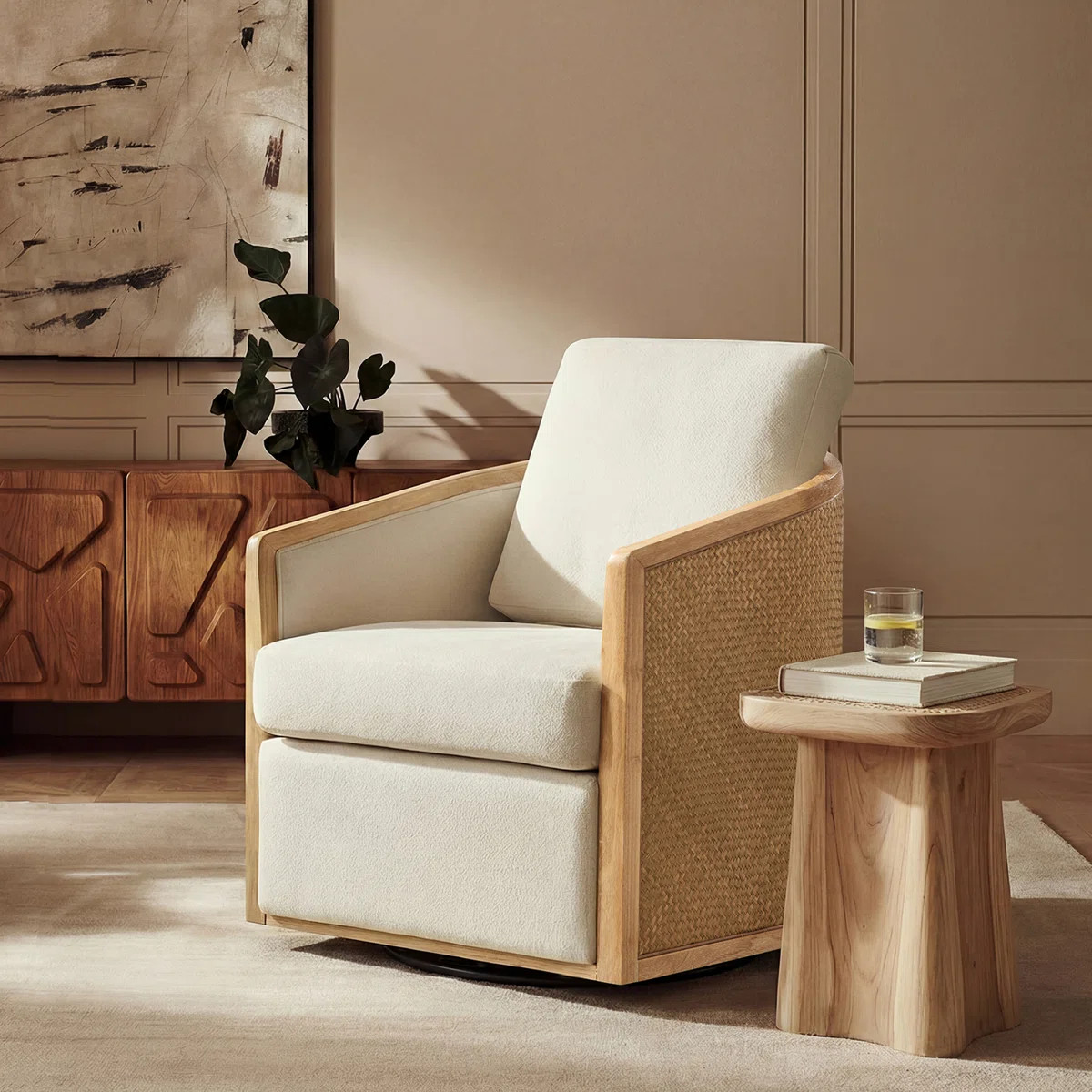 Coray 30.25'' W Modern Farmhouse Rattan Swivel Chair with Fully Assembled | Wayfair North America