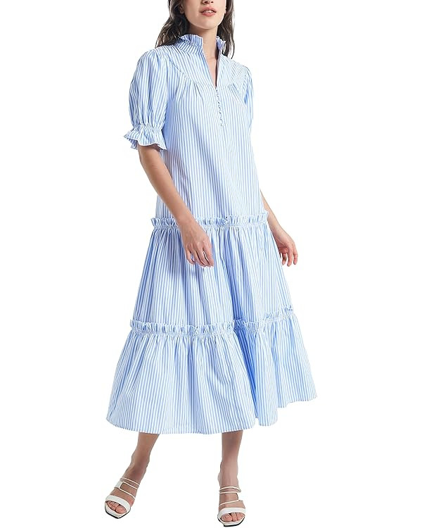 D-Sun Women Casual Button Down Maxi Dress Short Puff Sleeves Stand Collar Tiered Elegant Flowy Sw... | Amazon (US)