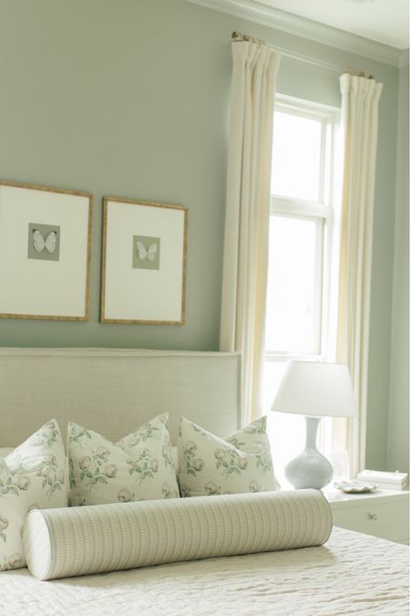 Master bedroom design, upholstered bed, acrylic rod, drapery rings, curtains (similar), bowood pillows, bolster pillow, gourd lamp, blue and green design 

#LTKstyletip #LTKhome