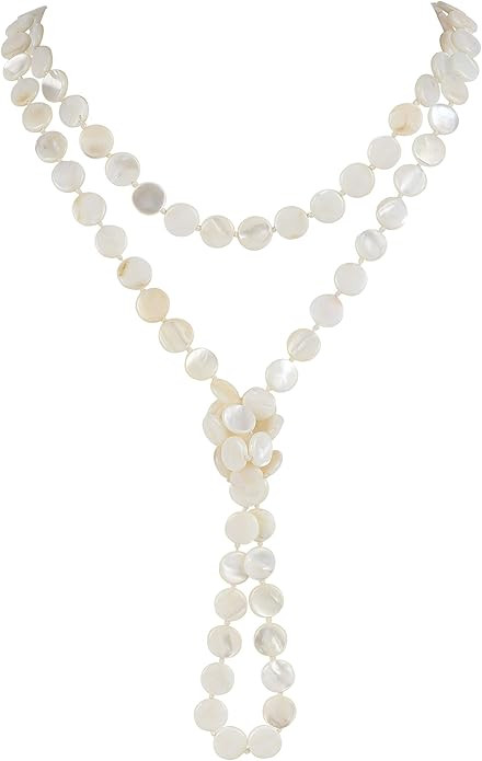 Firstmeet Flat Round Coin Shell Beads Long Knotted Necklace Natural Mother of Pearl Handmade Jewe... | Amazon (US)