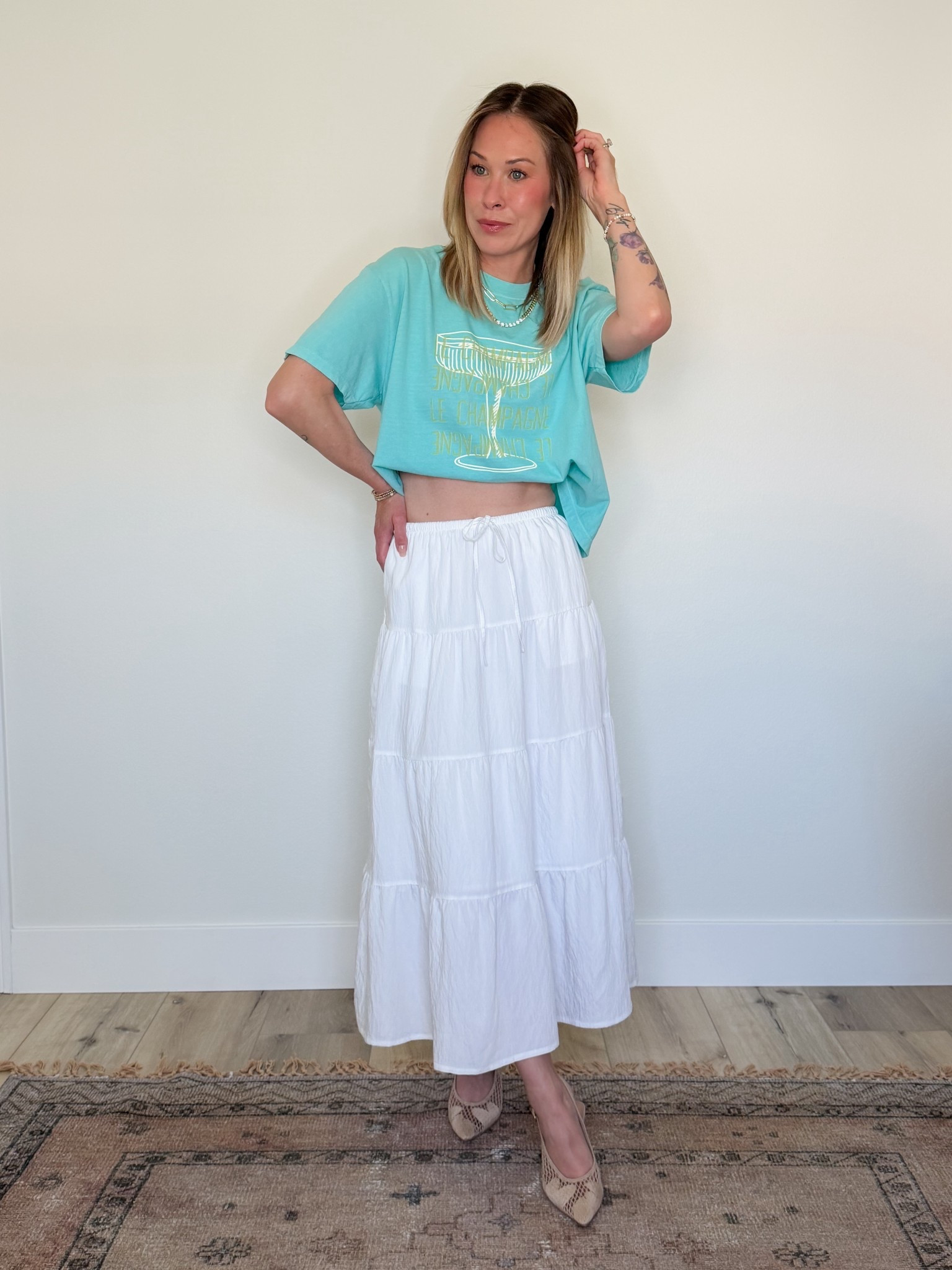 Casual cute outfit perfect for girl’s brunch, a casual lunch date, wine tasting. . .
Size L in the tee for an extra boxy fit 
Size XS in the skirt 
Slingback heels fit tts

#LTKootd #LTKgrwm