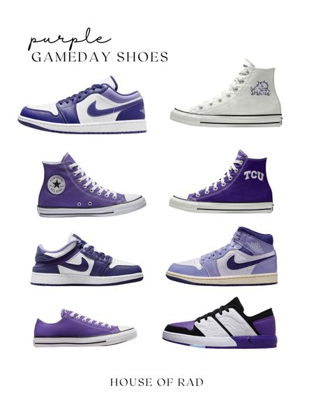 Purple Gameday Shoes
Purple jordans 
Purple chucks
TCU chucks
Purple converse
Purple Nike
TCU shoes
TCU Gameday
Horned frogs


#LTKshoecrush