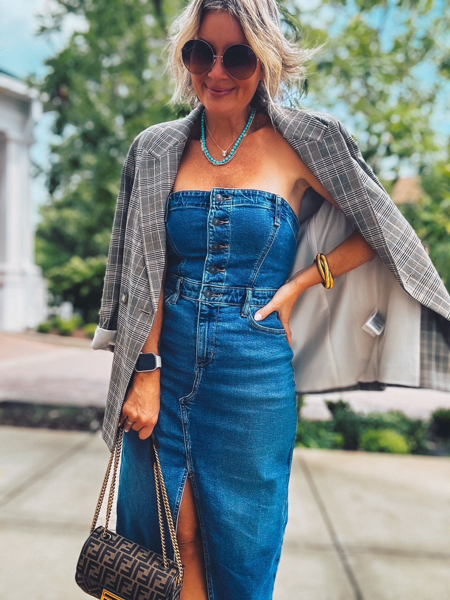 knee length dresses for ladies Button-Front Denim Tube Dress