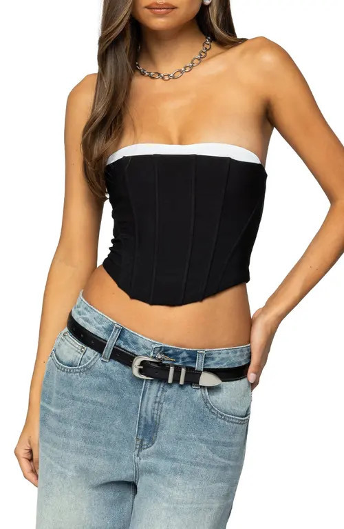 EDIKTED Ryla Contrast Detail Mesh Corset Top in Black-And-White at Nordstrom, Size Medium | Nordstrom