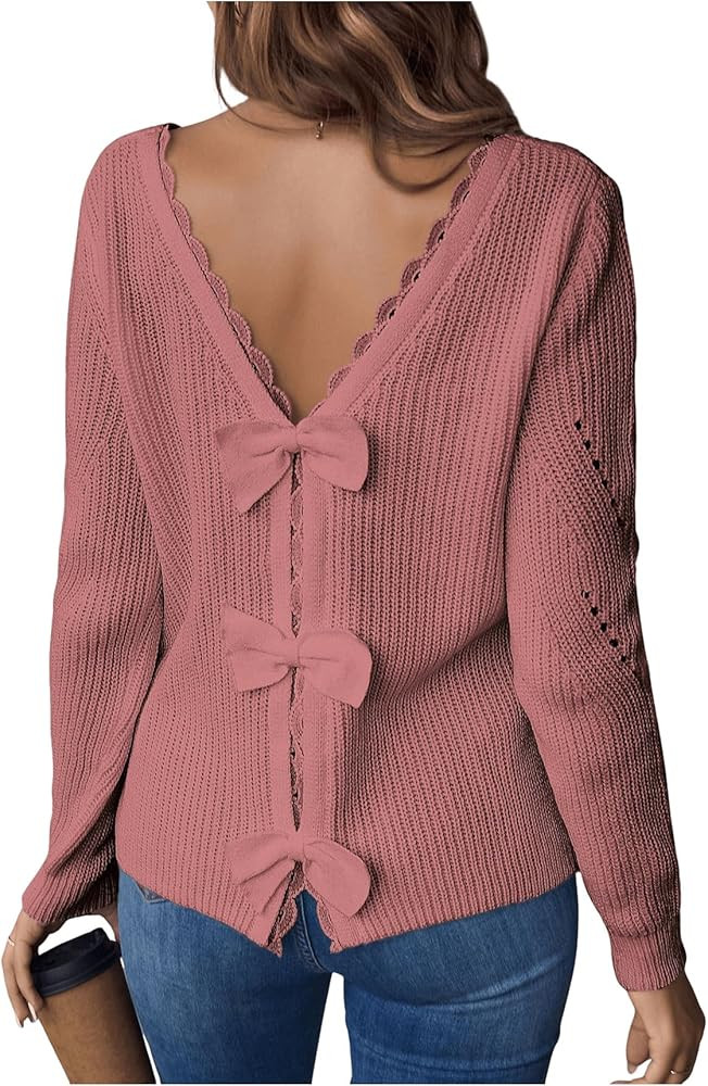 SOLY HUX Women's Sweaters Lace Bow Back Long Sleeve V Neck Pullover Casual Jumper Tops | Amazon (CA)