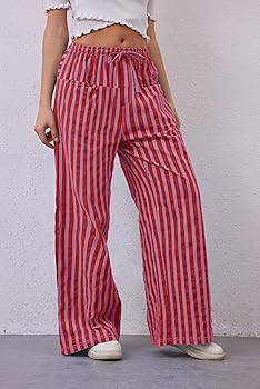 Women Drawstring Stripe Wide Leg Casual Trousers Striped Low Rise Casual Loose Lounge Pants with ... | Amazon (US)