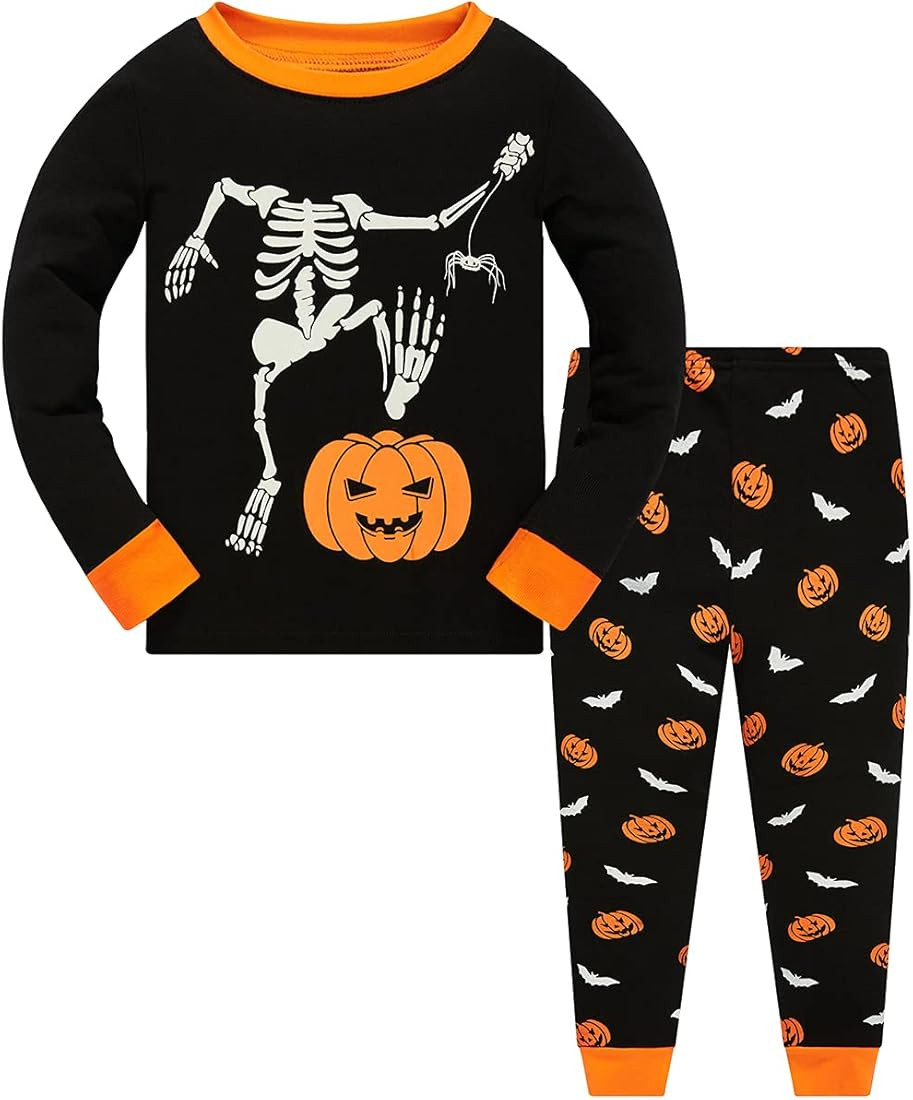 Boys Girls Halloween Pajamas Toddler Skeleton Glow in The Dark Pjs Kids Pumpkin Sleepwear 100% Co... | Amazon (US)