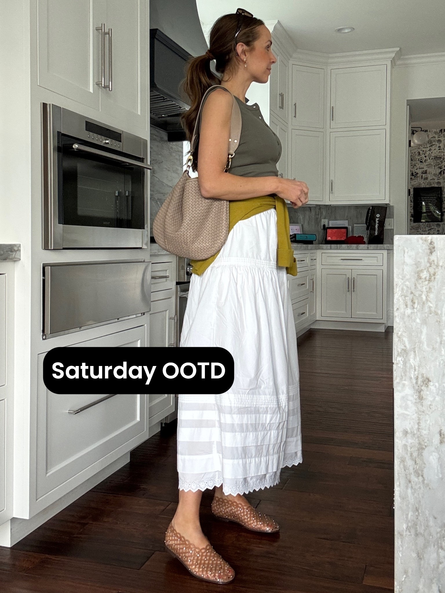 Saturday outfit of the day - wearing size small in the skirt but it runs big. Size XS would be better! Wearing a small in the tank, it’s true to size. Green sweater around my waist is older but I linked some similar options.

#LTKdayinmylife #LTKgrwm #LTKootd