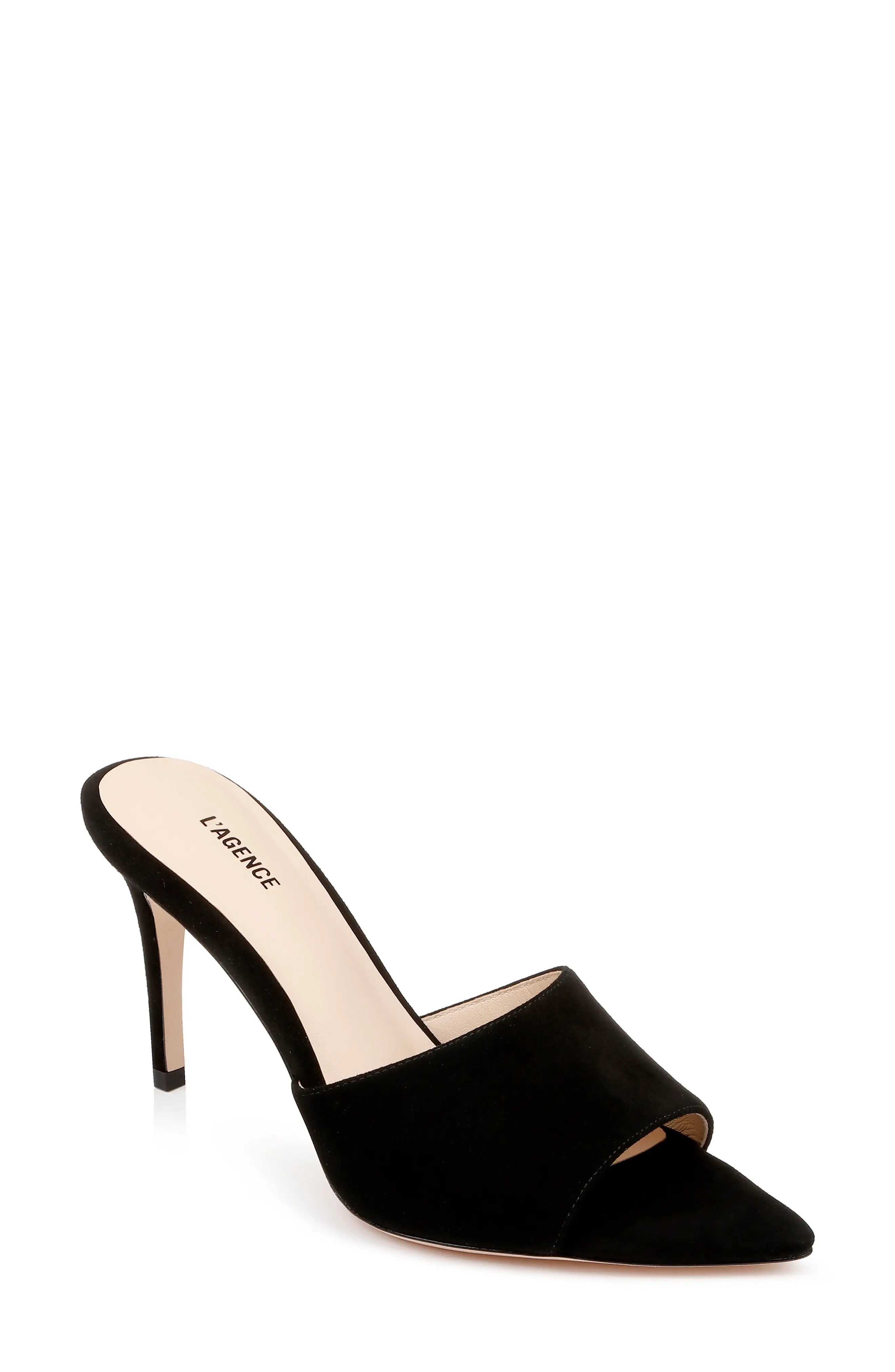 L'AGENCE Lolita Pointed Toe Sandal in Blacksuede at Nordstrom, Size 11 | Nordstrom