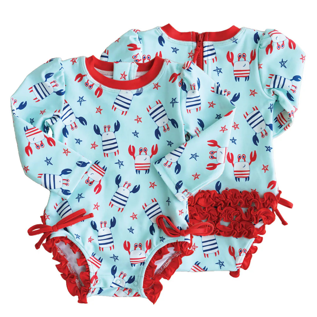 Long Sleeve Rash Guard With Ruffle Bottom | Crabby Cutie | Caden Lane