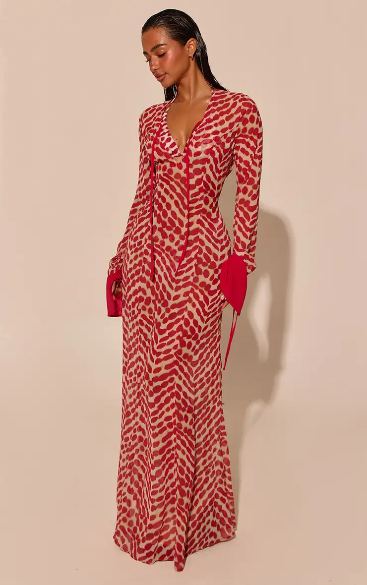 RED Blur{colour} Print Chiffon Long Sleeve Maxi Beach Dress | PrettyLittleThing UK