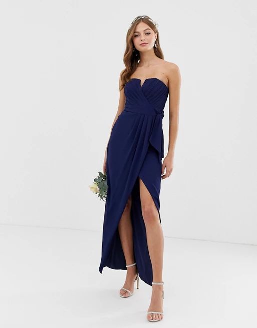 TFNC bridesmaid exclusive bandeau wrap midaxi dress with pleated detail in navy | ASOS UK