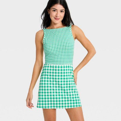 Women's Knit High Neck Active Dress - All In Motion™ Forest Green Gingham XL | Target