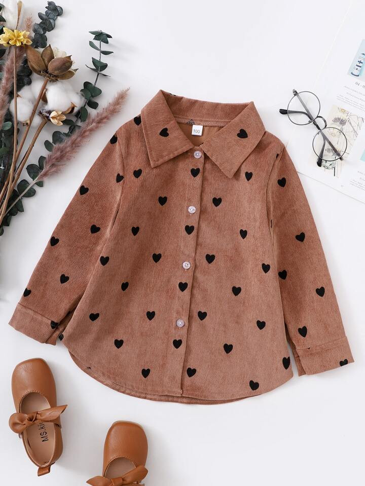 Young Girl Heart Print Corduroy Blouse | SHEIN