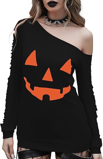 Women's Halloween Off Shoulder Sweatshirt Skull Graphic/Pumkin Print T Shirts | Amazon (US)