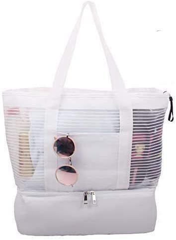 Large Mesh Beach Tote Bag with Zipper and Insulated Picnic Cooler Leak-proof for Beach Pool Outdo... | Amazon (US)