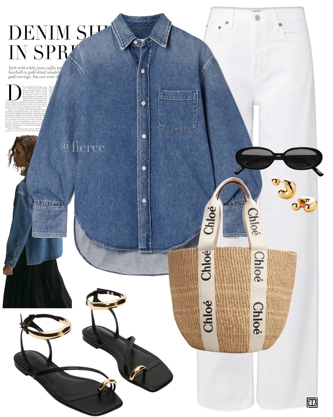White jeans denim shirt gold toe sandals Chloe raffia bag casual look 

#LTKeurope #LTKuk #LTKspring