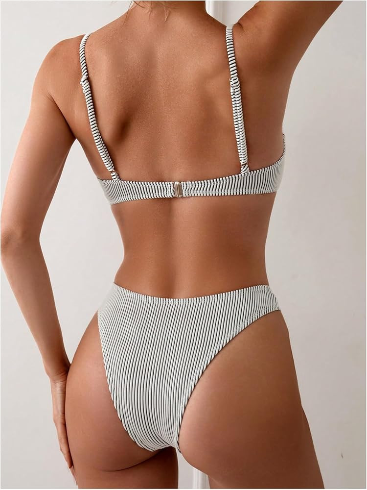 SweatyRocks Women's 2 Piece Bikini Set Striped Print Spaghetti Strap Push Up Swimsuit | Amazon (US)